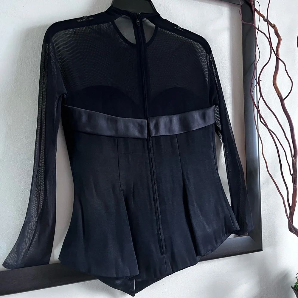 90'S  Classic elegant evening black top sheer with satin look detail blouse - Picture 3 of 10